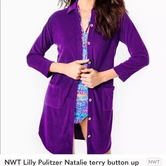 NWT Lilly Pulitzer Natalie Terry Coverup Purple Berry Button Swim Beach Pool XS - Picture 1 of 12